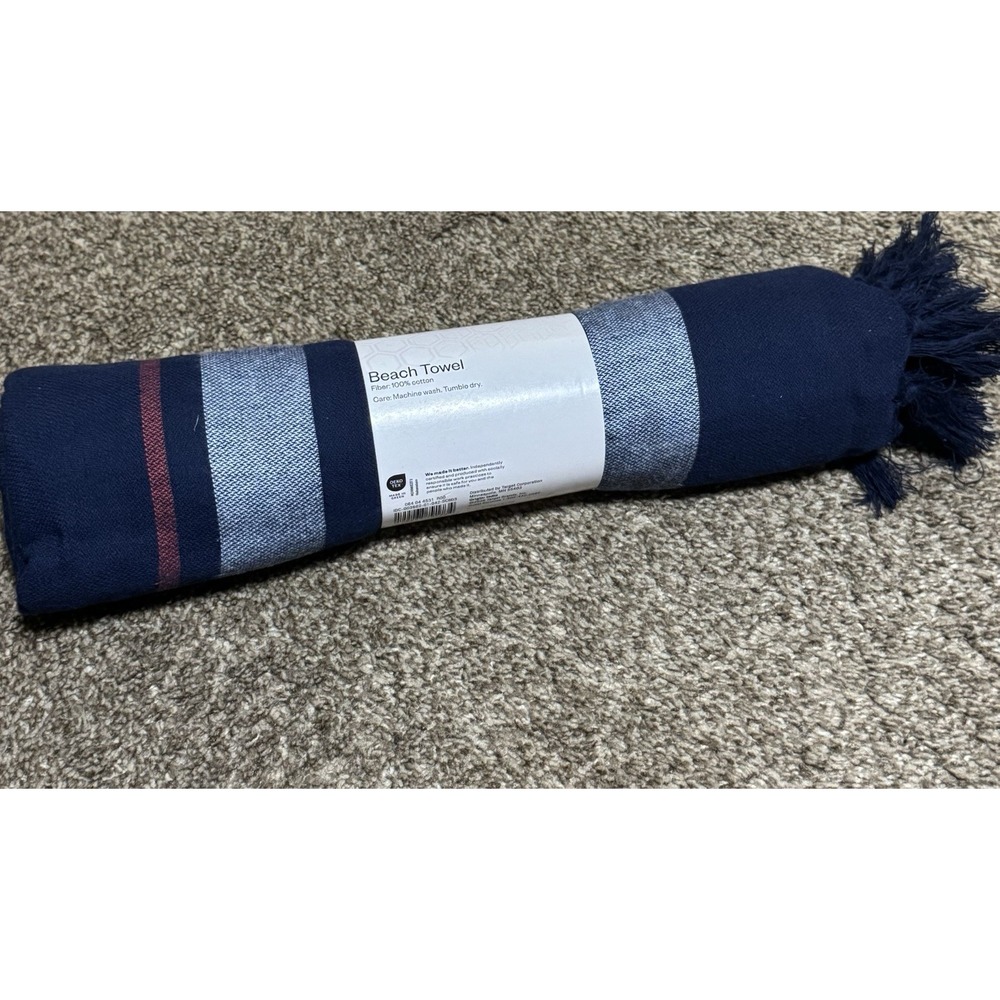 Room Essentials 100% Cotton Extra-Long Beach Towel, 36"x72", blue & burgundy